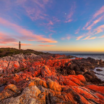 Beautiful spring sunrise over Eddystone Point Lighthouse.Mount William National Park. Part of Bay of Fires Conservation Area.North Eastern Tasmania,Australia.